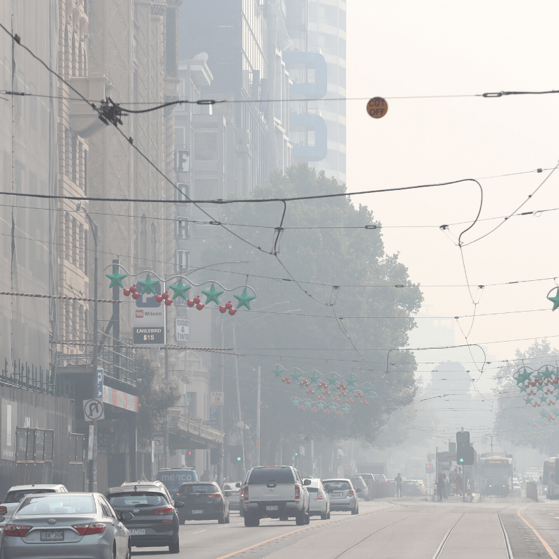 Melbourne city streetscape in smoke haze